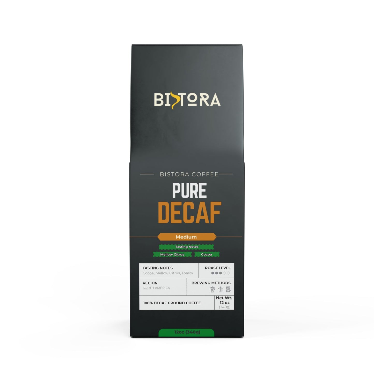 Bistora Pure Decaf Coffee medium roast ground coffee bag 12 oz with tasting notes on black packaging
