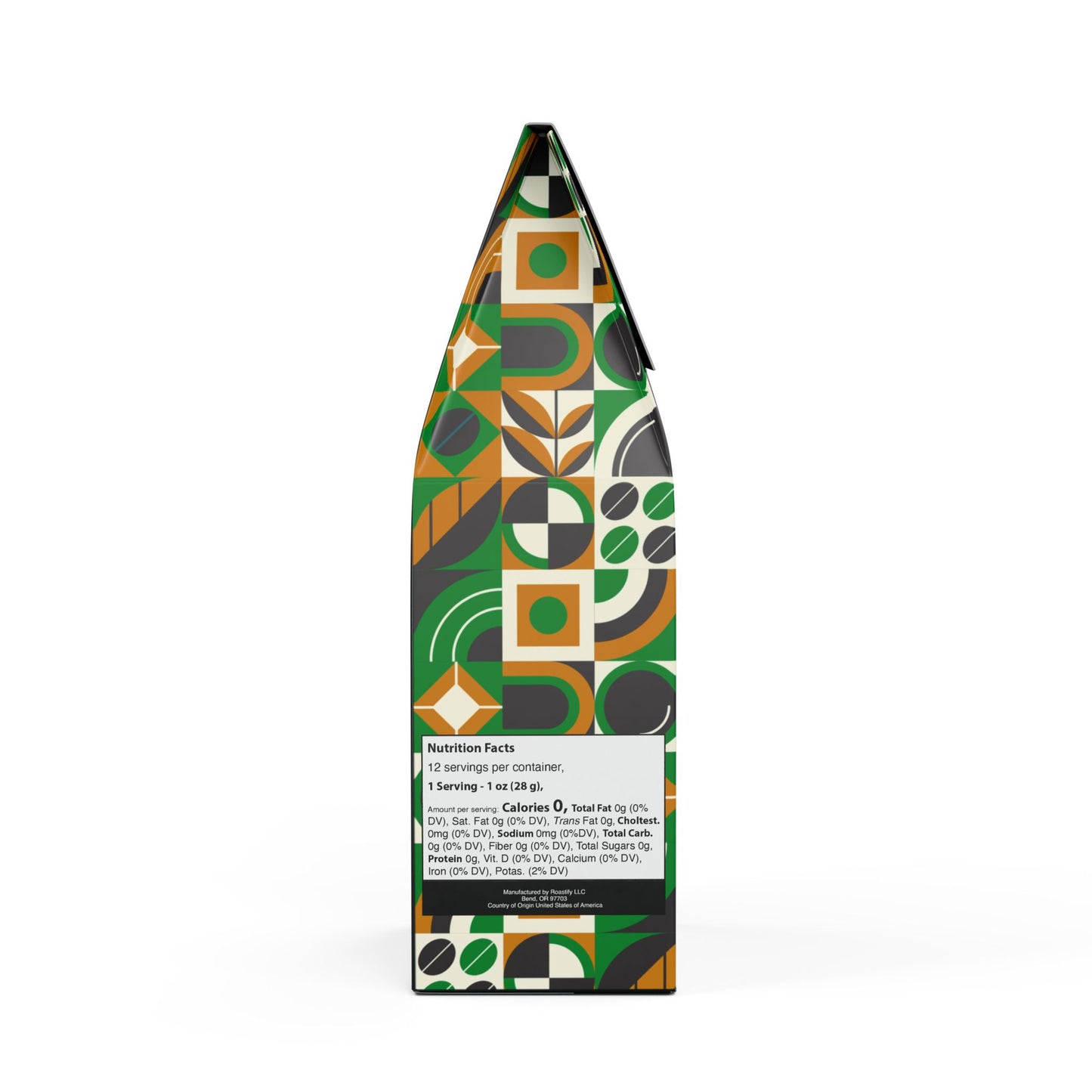 Bistora Pure Decaf Coffee package with modern geometric green and orange design and nutrition facts label