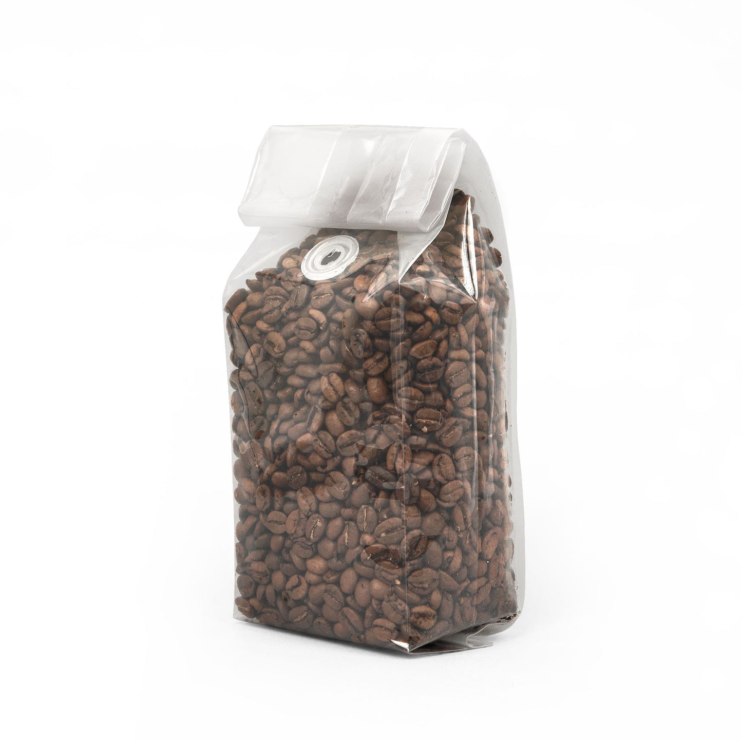 Bistora Pure Decaf Coffee whole roasted coffee beans in a transparent sealed bag