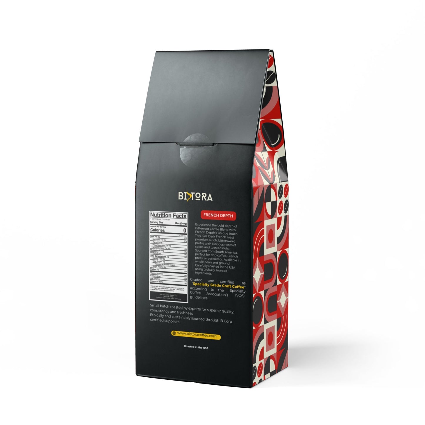 Bistora dark French roast coffee bag with nutritional facts and bold red black design