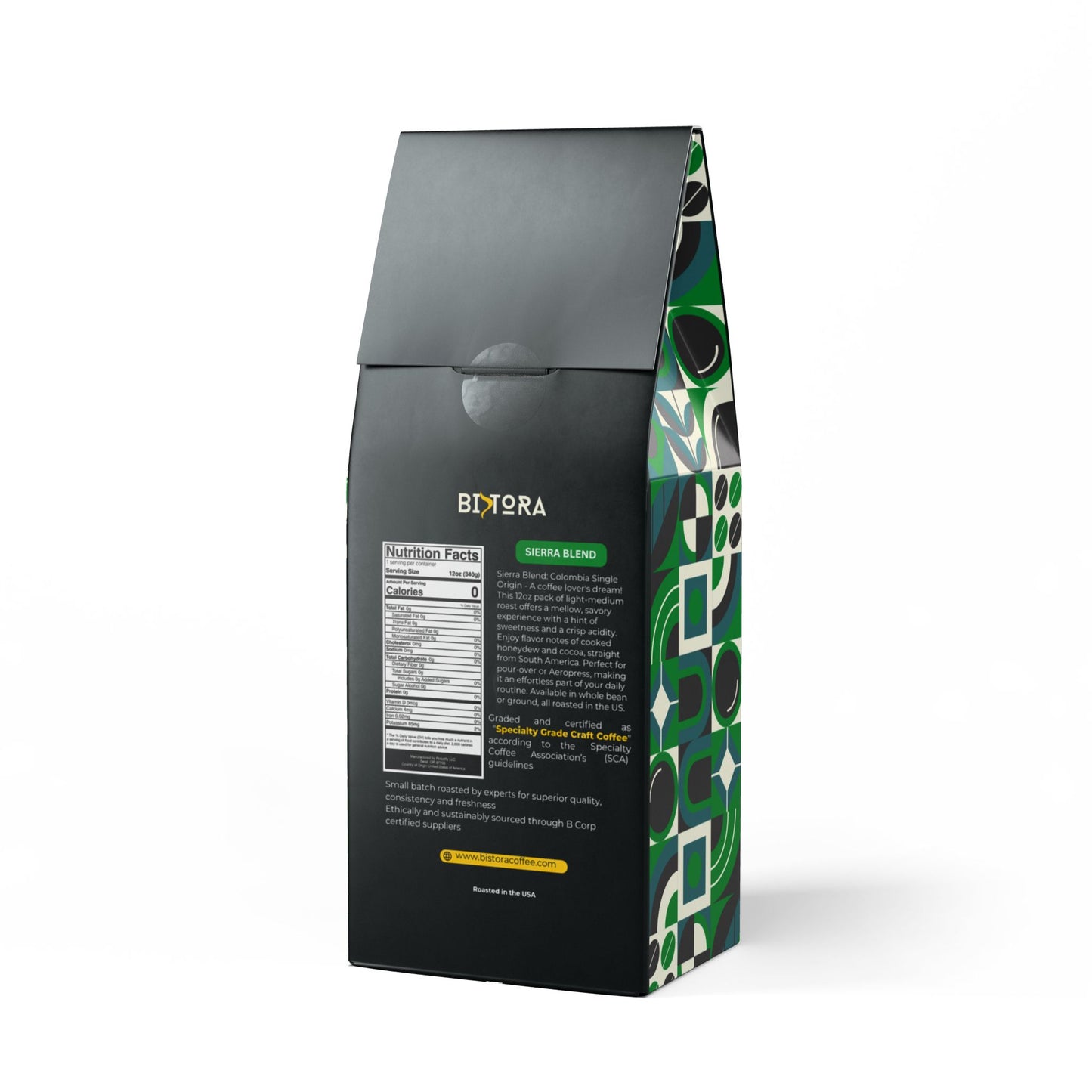 Bistora Sierra Blend coffee bag with black and green geometric design and nutrition facts label
