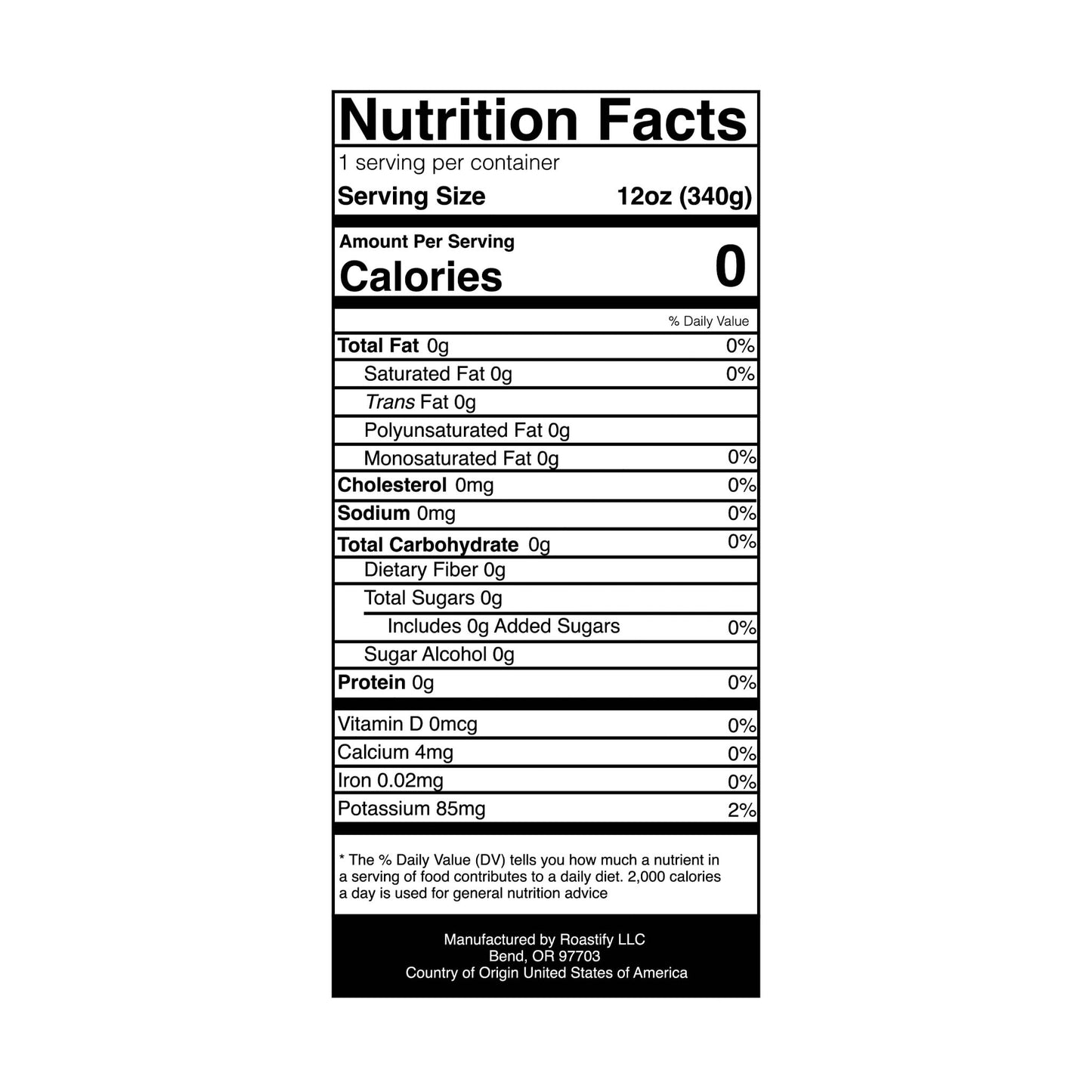 Nutrition facts label for Bistora Sierra Blend coffee showing zero calories and detailed nutrient content