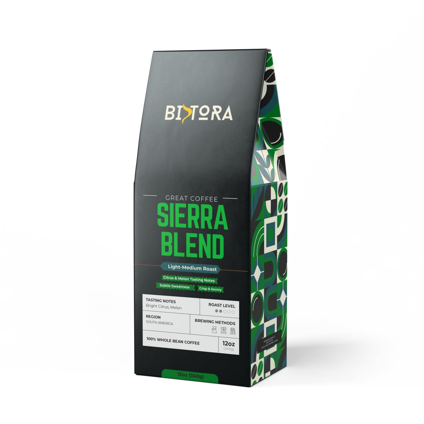Bistora Sierra Blend coffee 12oz whole bean bag with light medium roast and citrus tasting notes