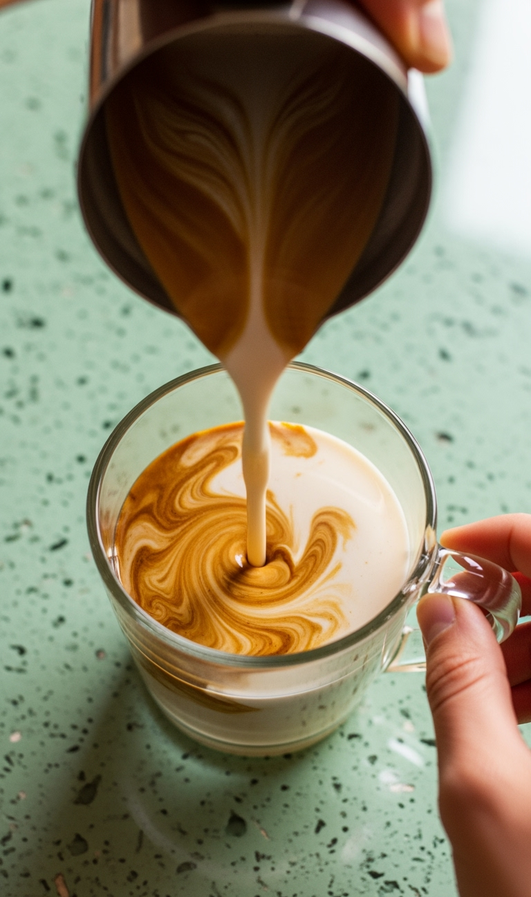 Pouring milk into a glass of coffee to create a latte art design.