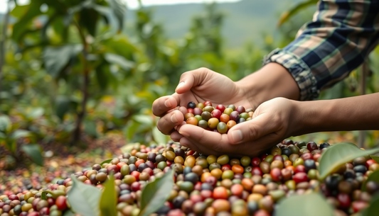 Hands holding fresh coffee cherries on a farm representing sustainable coffee blends harvesting process