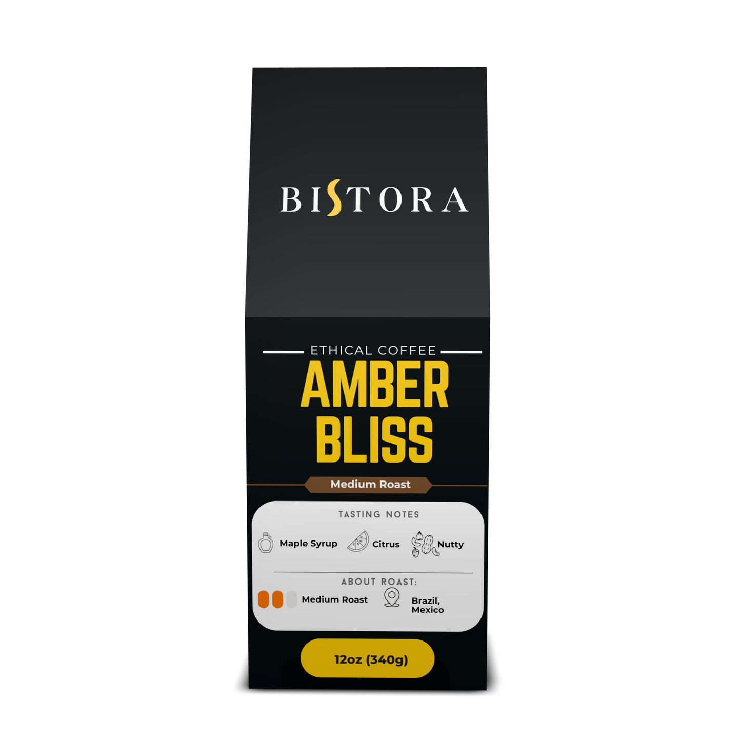 Bag of Bistora dark French roast coffee beans in clear packaging on white background