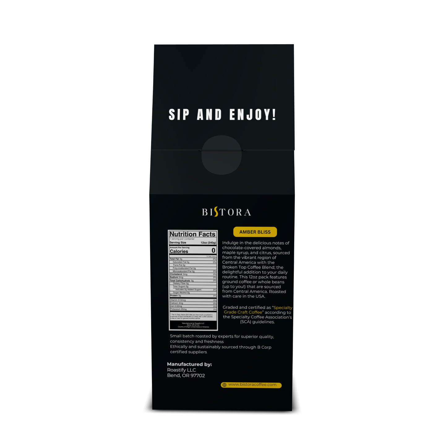 Bistora Amber Bliss coffee bag with nutrition facts and sip and enjoy message.