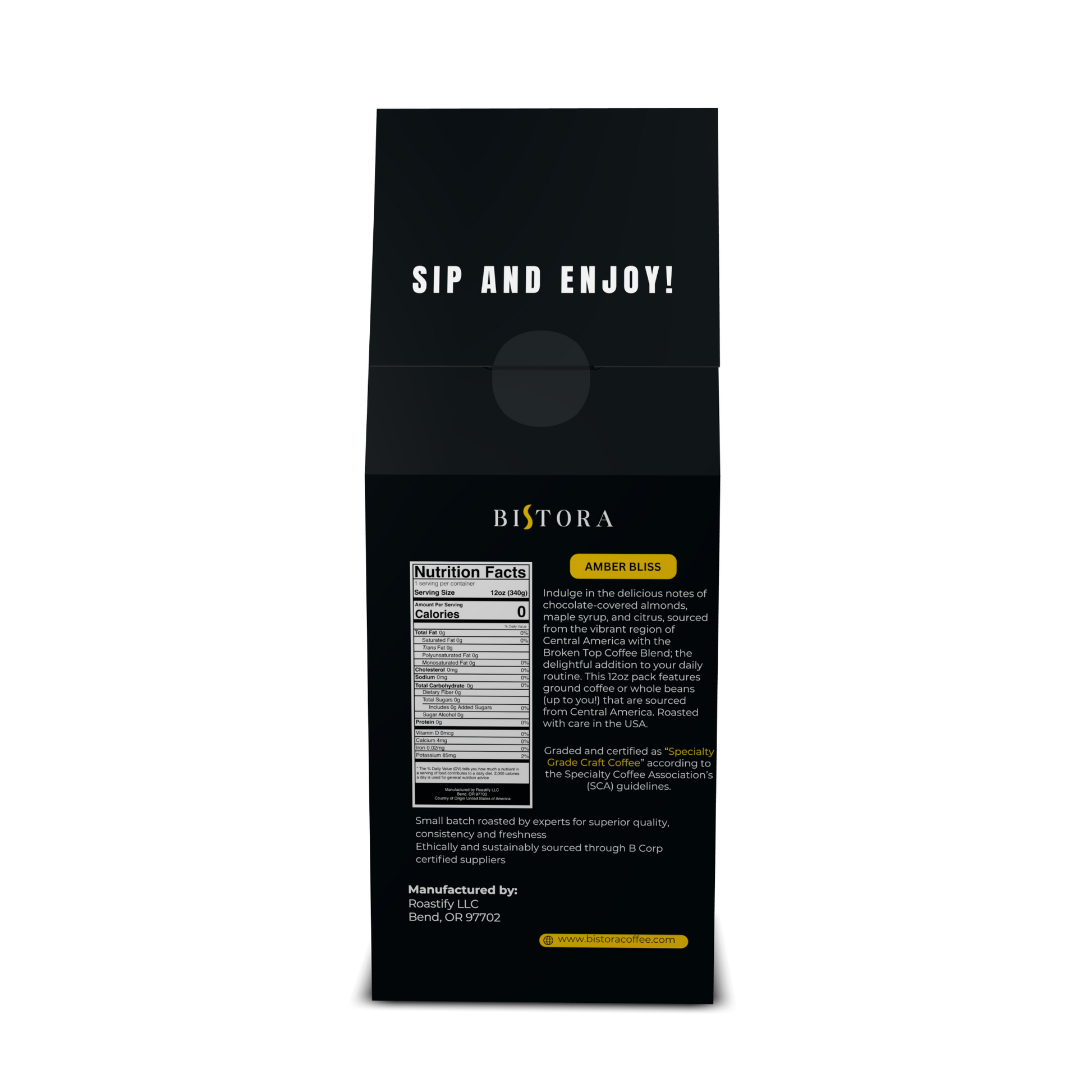 Bistora Amber Bliss coffee bag with nutrition facts and sip and enjoy message.