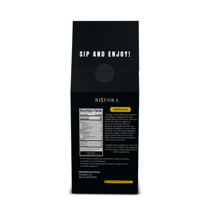 Bistora Amber Bliss coffee bag with nutrition facts and sip and enjoy message.