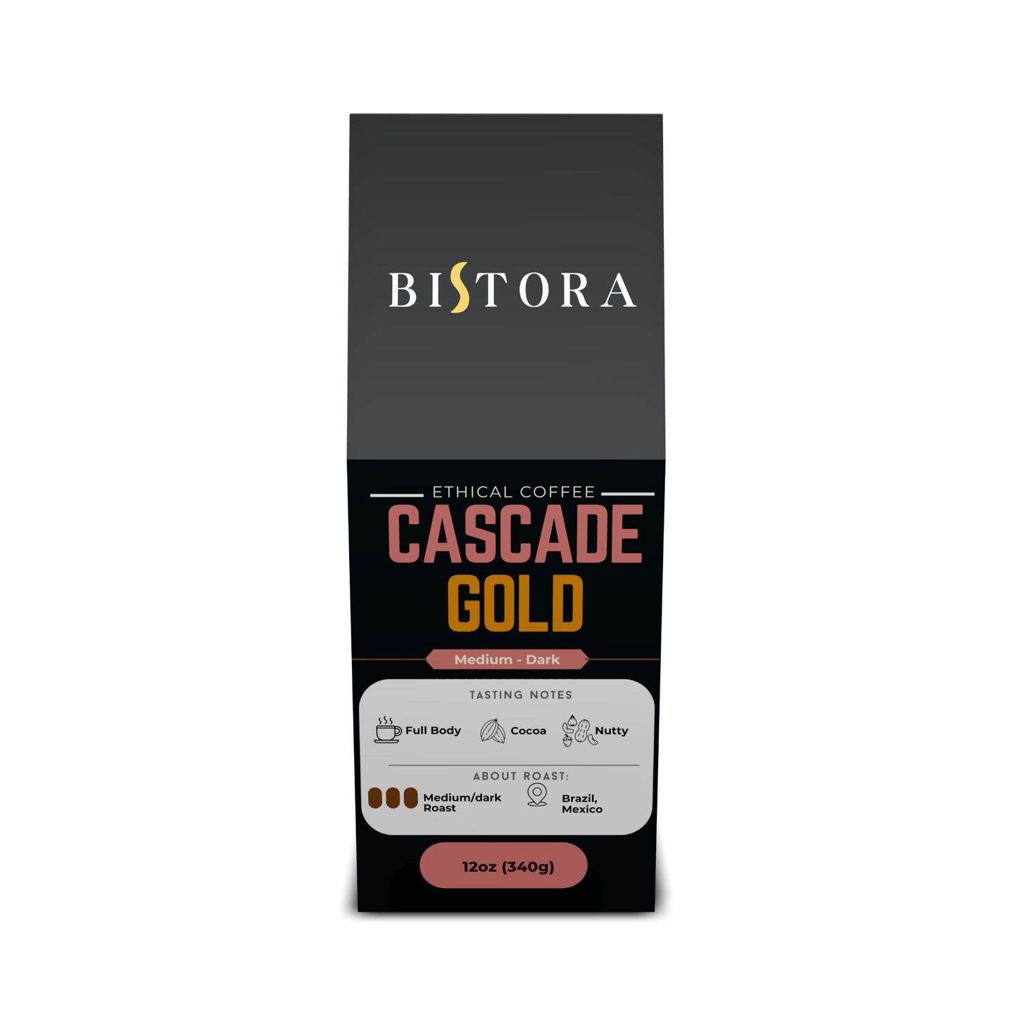 Bag of Bistora dark French roast coffee beans in clear packaging on white background