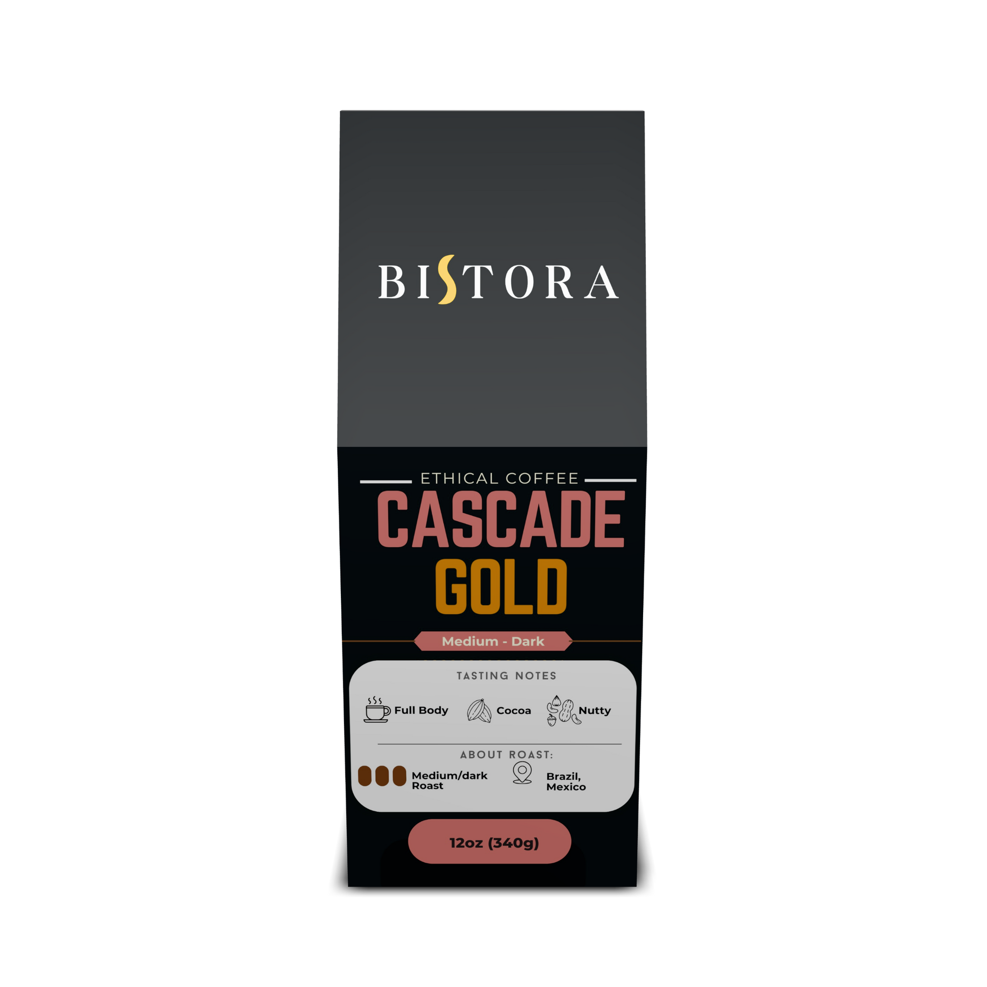 Bag of Bistora dark French roast coffee beans in clear packaging on white background