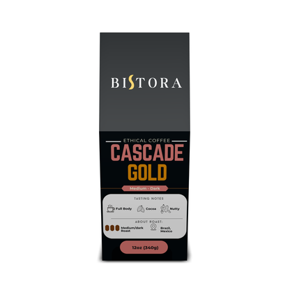 Bag of Bistora dark French roast coffee beans in clear packaging on white background