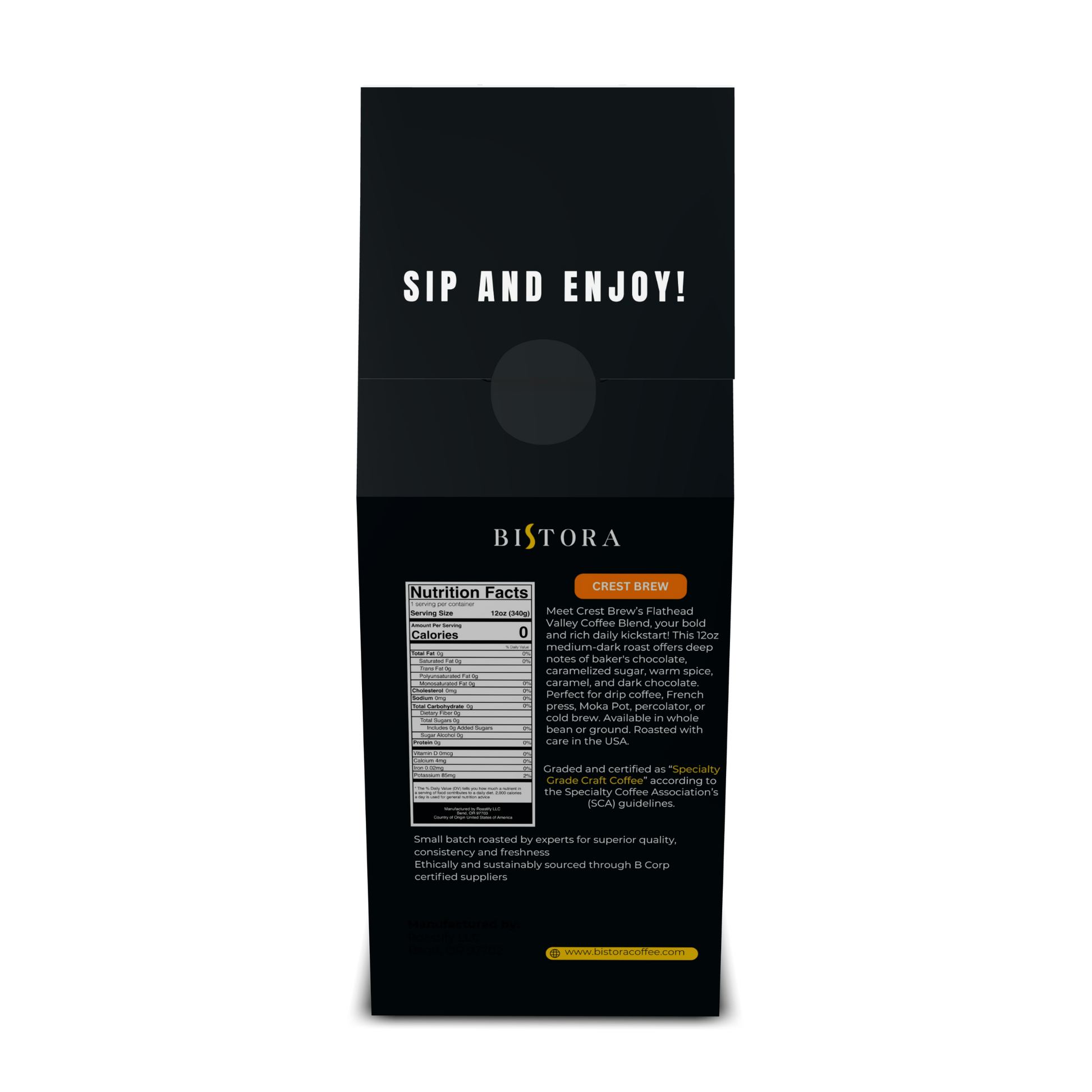 Bag of Bistora dark French roast coffee beans in clear packaging on white background