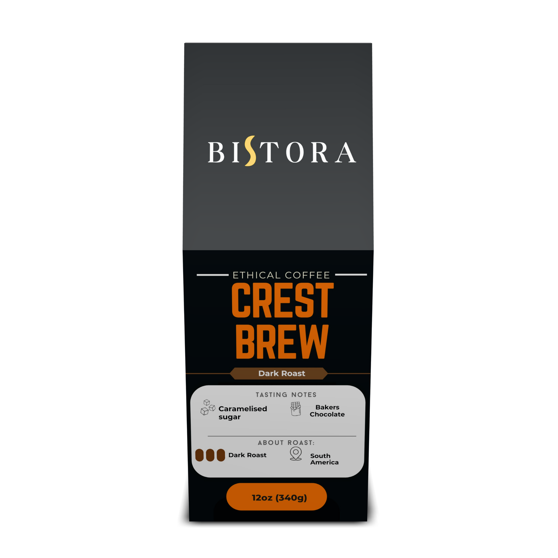 Bag of Bistora dark French roast coffee beans in clear packaging on white background