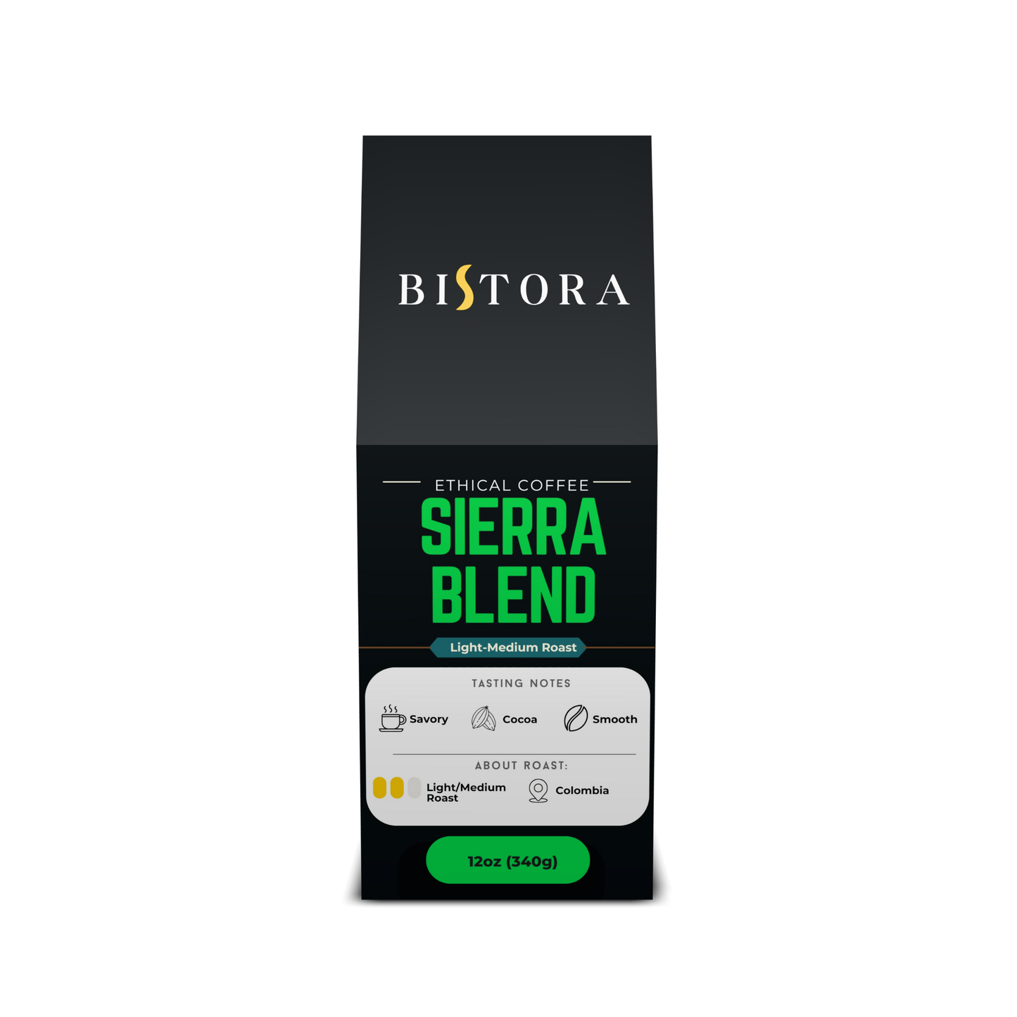 Bag of Bistora dark French roast coffee beans in clear packaging on white background