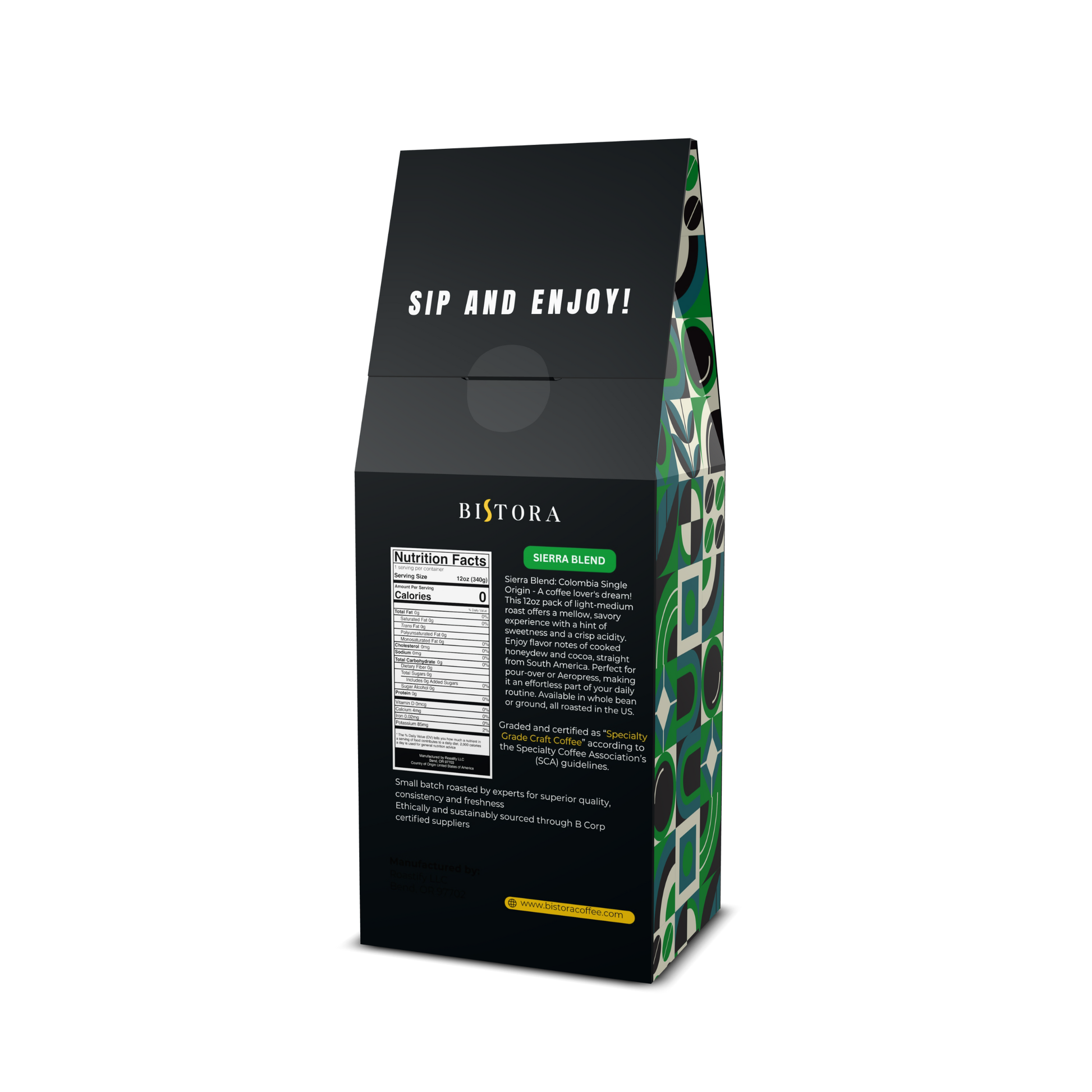 Bag of Bistora dark French roast coffee beans in clear packaging on white background