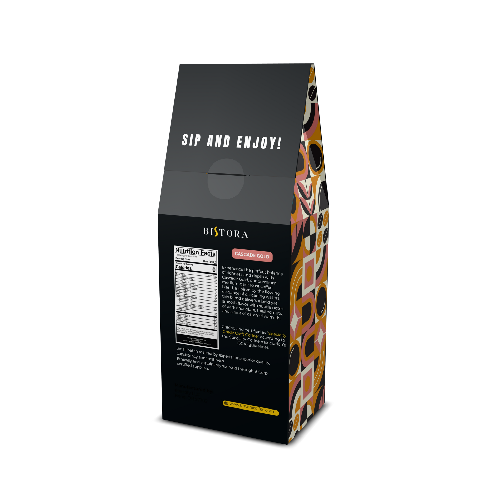 Bag of Bistora dark French roast coffee beans in clear packaging on white background