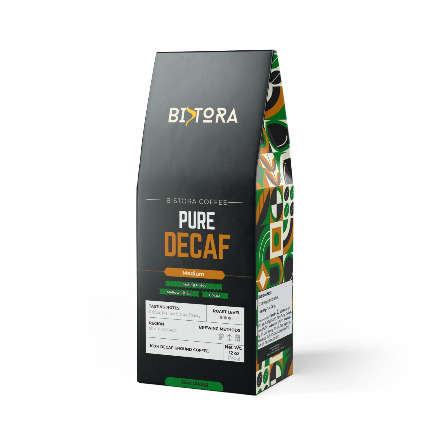 Bistora Pure Decaf Coffee medium roast 12 oz package with detailed tasting notes and brewing methods