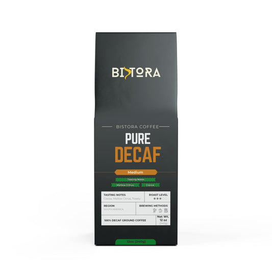 Bistora Pure Decaf Coffee medium roast ground coffee bag 12 oz with tasting notes on black packaging