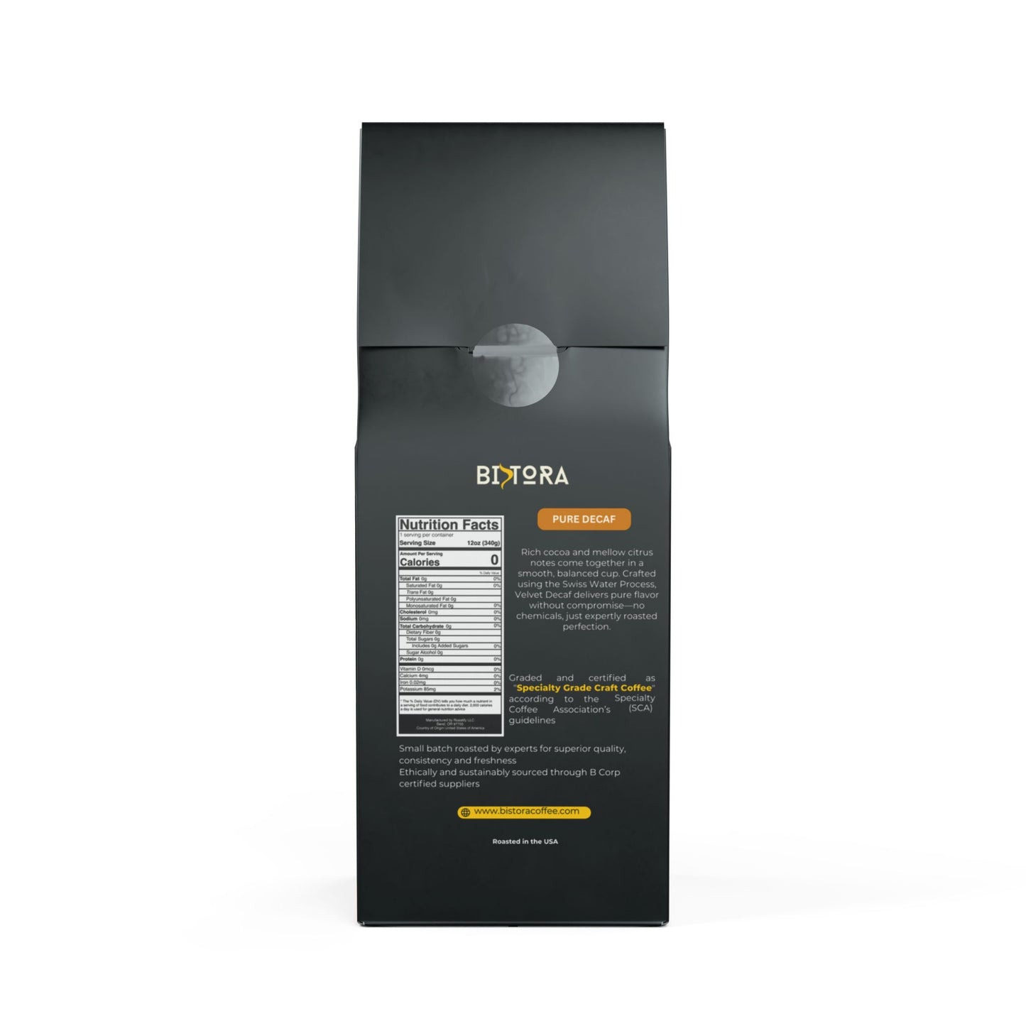 Bistora Pure Decaf Coffee black packaging with nutrition facts and product details on the back
