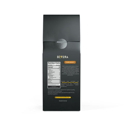 Bistora Pure Decaf Coffee black packaging with nutrition facts and product details on the back