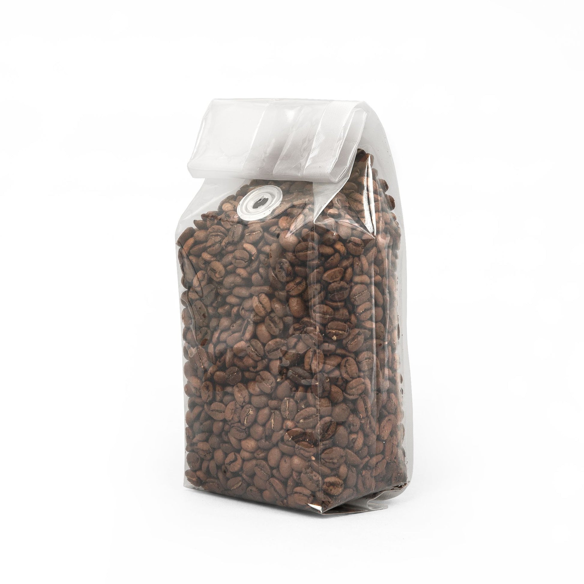 Bistora Pure Decaf Coffee whole roasted coffee beans in a transparent sealed bag