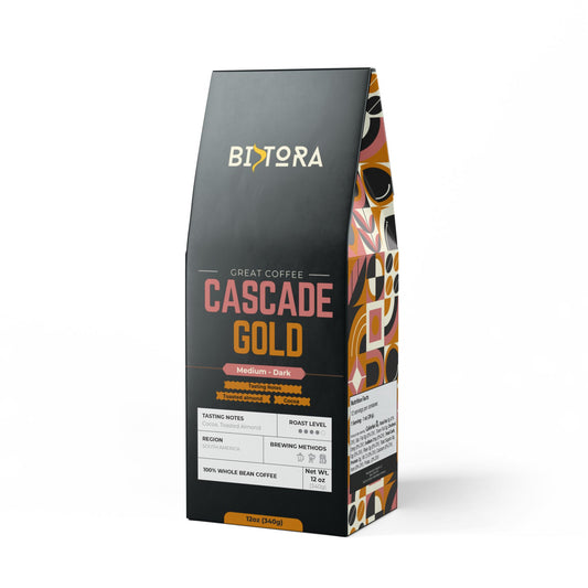 Bistora Cascade Gold coffee 12oz medium dark roast whole bean coffee bag with colorful side design