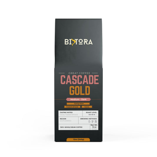 Bistora Cascade Gold coffee medium dark roast whole bean coffee 12oz bag with tasting notes