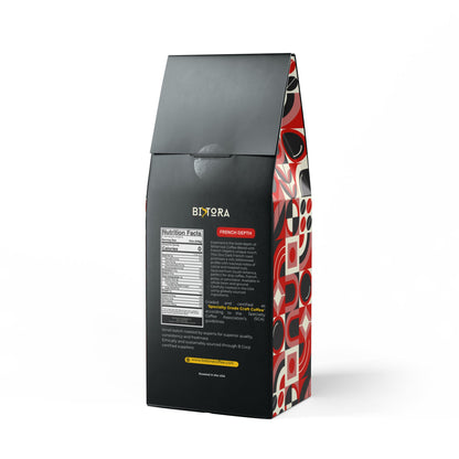 Bistora dark French roast coffee bag with nutritional facts and bold red black design