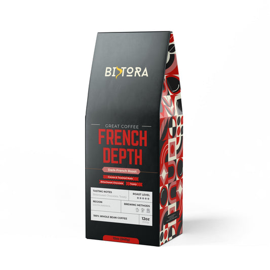 Bistora dark French roast coffee 12oz whole bean bag with bold red and black packaging