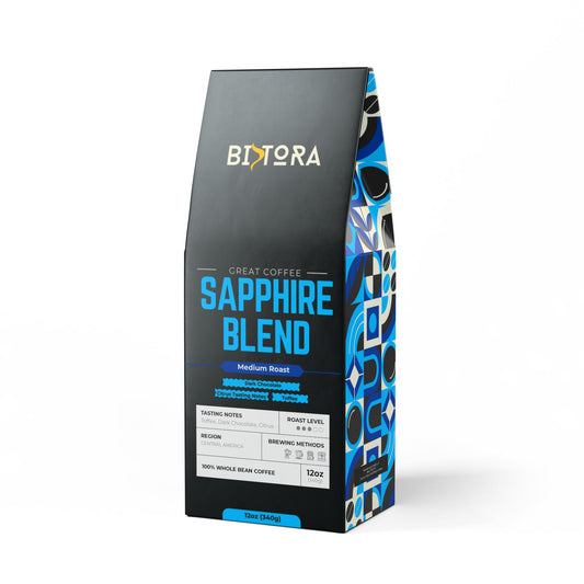 Bistora Sapphire Blend coffee in a 12oz bag with vibrant design and medium roast label